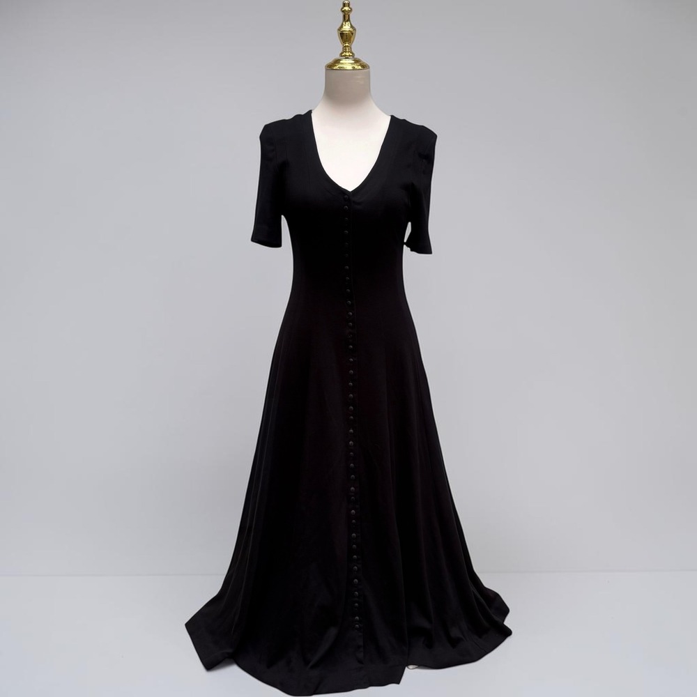 VTG 80s Diane von Furstenberg Midi Dress Sm Black Button Front V-Neck USA Jersey